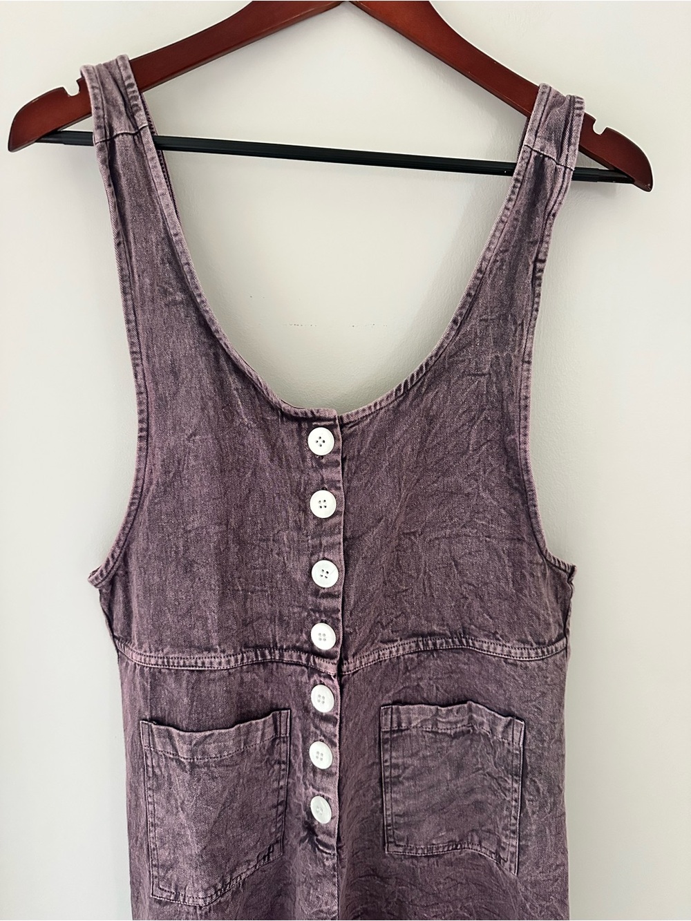 Earthbound Boho Button-Front 100% Cotton Overall Romper in Stonewashed Purple